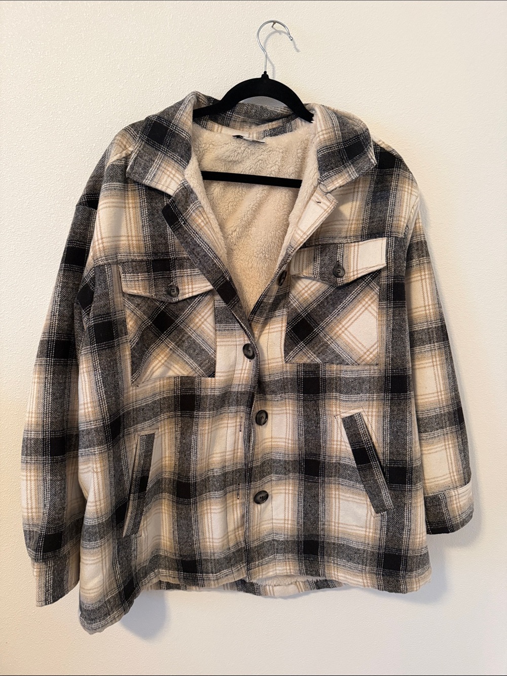 Plaid Sherpa-Lined Button Front Jacket - Cream & Black